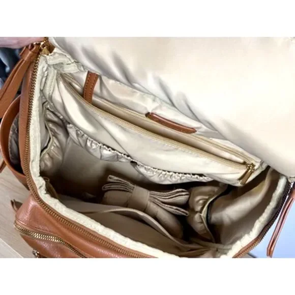 Omanmoli Brown Vegan Leather Diaper Backpack Multi Pocket Baby Bag